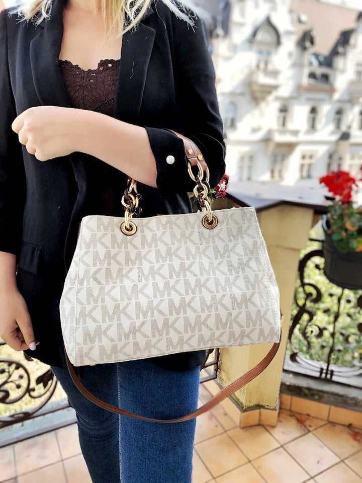 Michael Kors Cynthia Medium MK Signature Satchel Vanilla