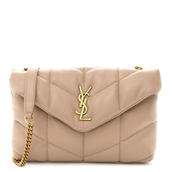 Saint Laurent  Lambskin Quilted Toy Loulou Puffer Monogram Chain Satchel Dark Beige