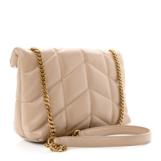 Saint Laurent  Lambskin Quilted Toy Loulou Puffer Monogram Chain Satchel Dark Beige